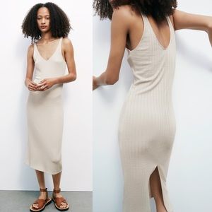 Zara Ribbed Midi Dress in Light Sand Stretch Fitted NWT - L